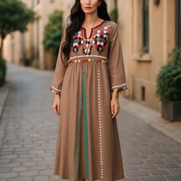 Vintage 70s Afghan Embroidery Hippie Maxi dress Tunic Bohemian Style LG - Picture 13 of 13